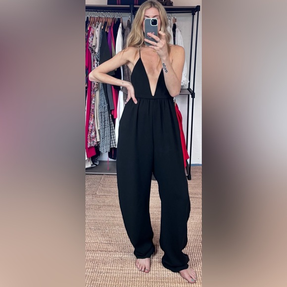 NWT Zara 50th Black Deep V Neck Spaghetti Strap Black Barrel Backless Jumpsuit - Picture 3 of 13